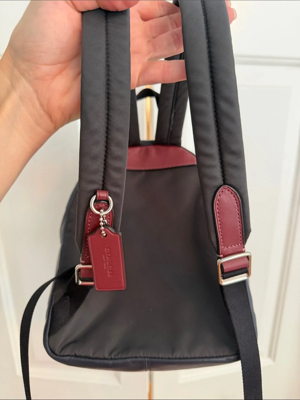 Authentic Coach Burgundy Leather/Denim mini backpack with patchwork/rhinestone